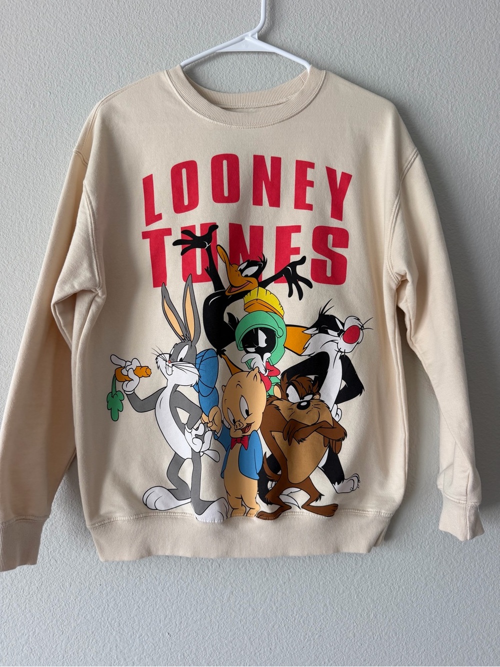 Looney Tunes Crewneck Sweatshirt Unisex M Cream Bugs Duffy Taz Cartoon Graphic